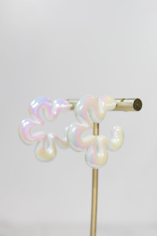 Iridescent White Wavy Flower Hoop Earrings | High-Gloss Shimmer Flower Hoops | Pastel Statement Jewelry | Modern Coastal Dangles