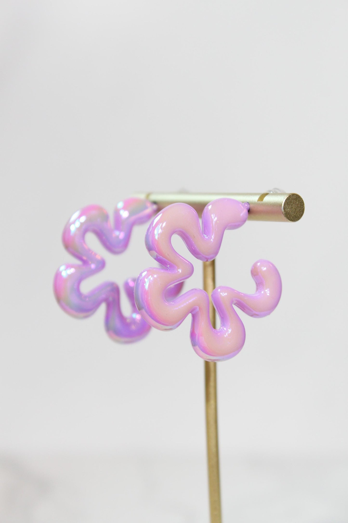 Iridescent Purple Wavy Flower Hoop Earrings | High-Gloss Shimmer Flower Hoops | Pastel Statement Jewelry | Modern Coastal Dangles