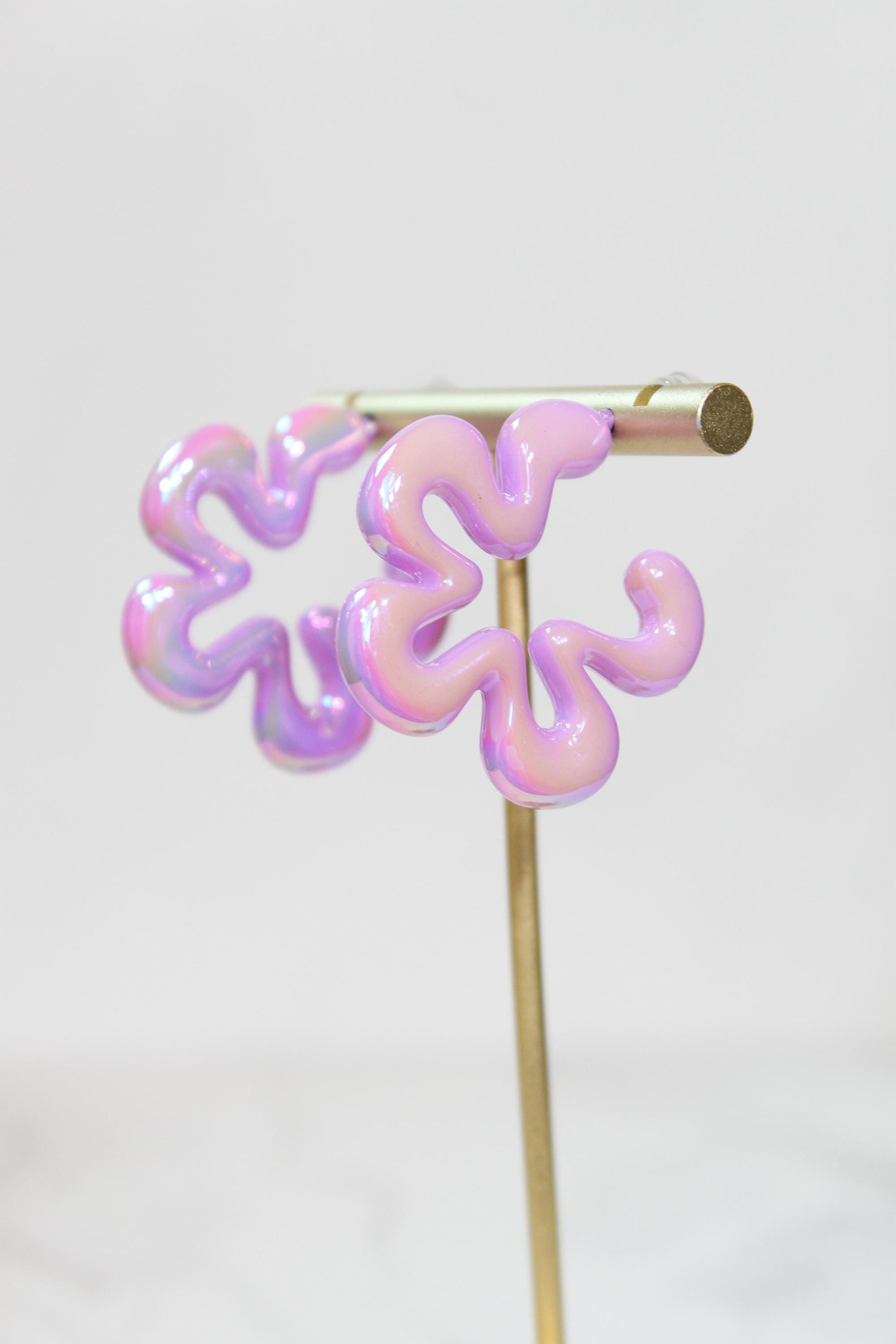 Iridescent Purple Wavy Flower Hoop Earrings | High-Gloss Shimmer Flower Hoops | Pastel Statement Jewelry | Modern Coastal Dangles