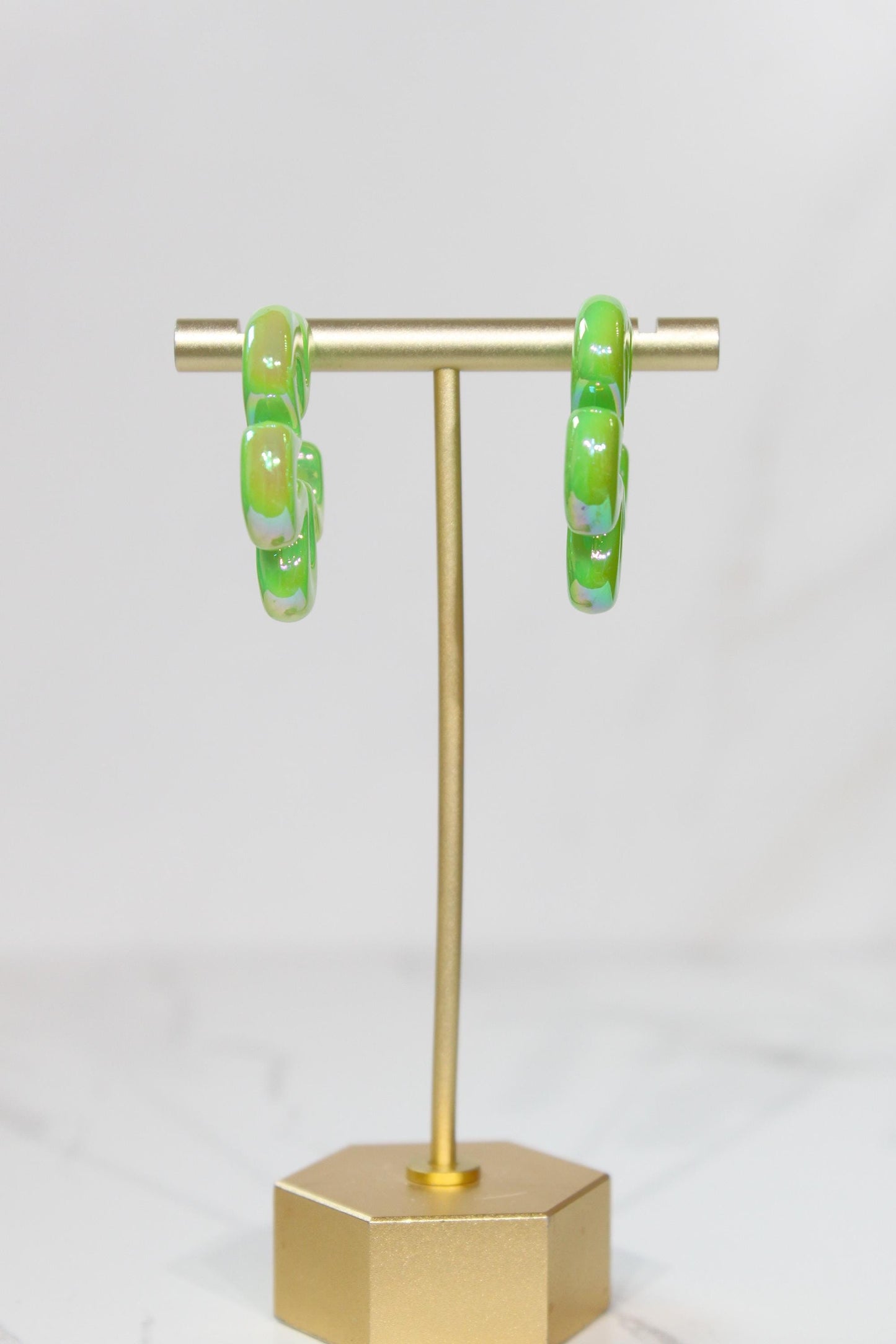 Iridescent Green Wavy Flower Hoop Earrings | High-Gloss Shimmer Flower Hoops | Pastel Statement Jewelry | Modern Coastal Dangles