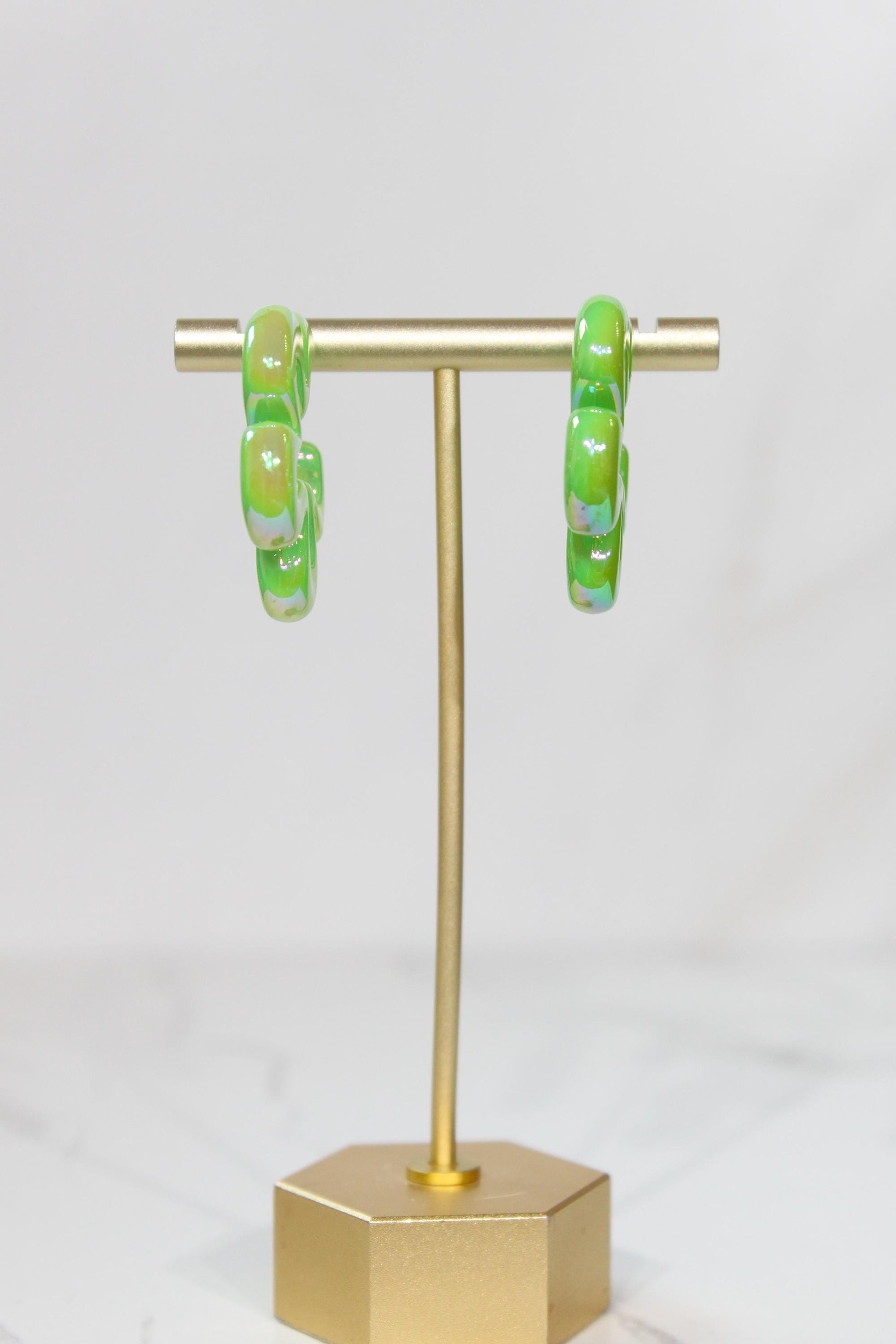 Iridescent Green Wavy Flower Hoop Earrings | High-Gloss Shimmer Flower Hoops | Pastel Statement Jewelry | Modern Coastal Dangles
