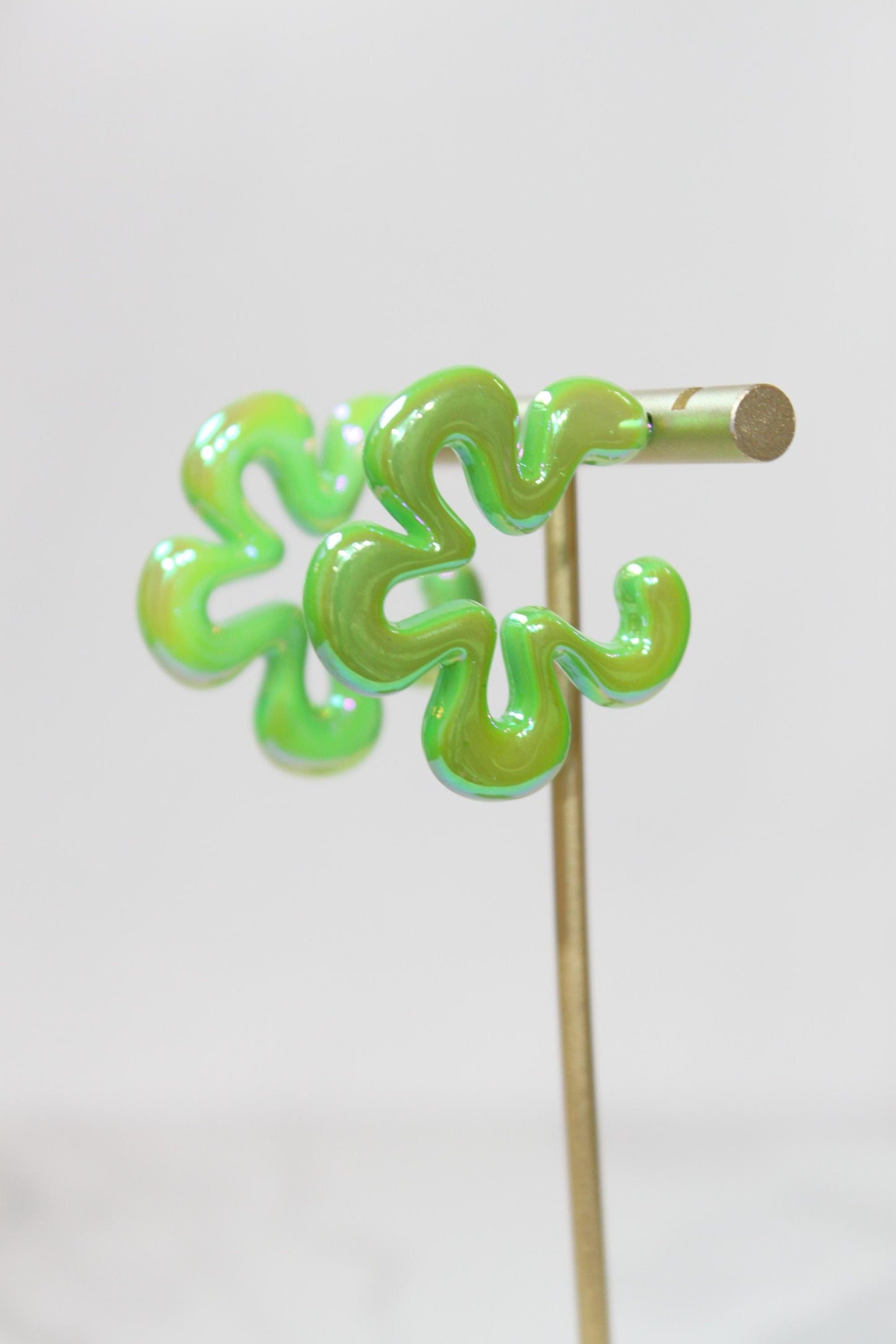 Iridescent Green Wavy Flower Hoop Earrings | High-Gloss Shimmer Flower Hoops | Pastel Statement Jewelry | Modern Coastal Dangles