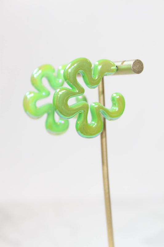 Iridescent Green Wavy Flower Hoop Earrings | High-Gloss Shimmer Flower Hoops | Pastel Statement Jewelry | Modern Coastal Dangles