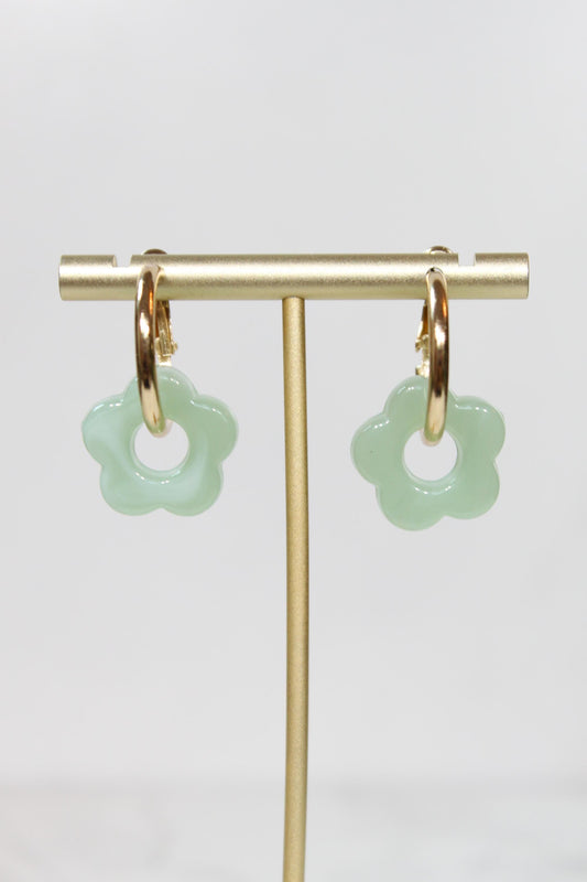 Sage Mint Green Flower Huggie Hoop Earrings