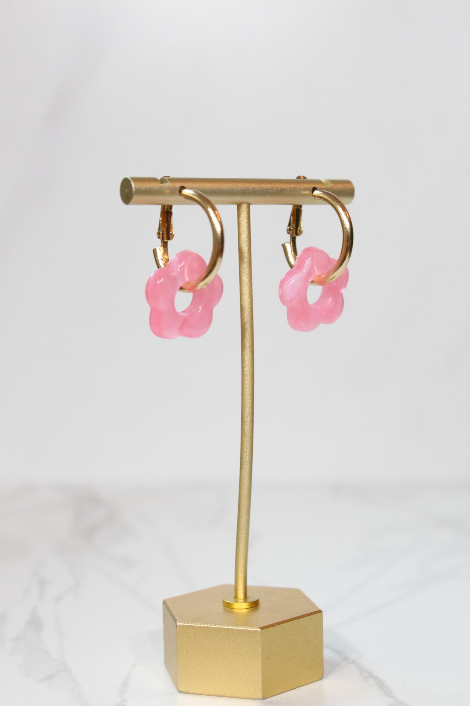 Bright Pink Flower Huggie Hoop Earrings