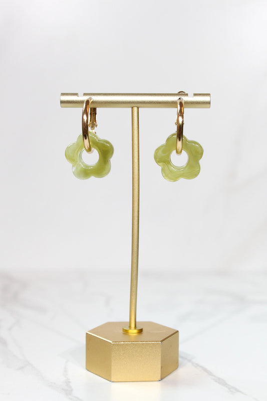 Olive Green Flower Huggie Hoop Earrings
