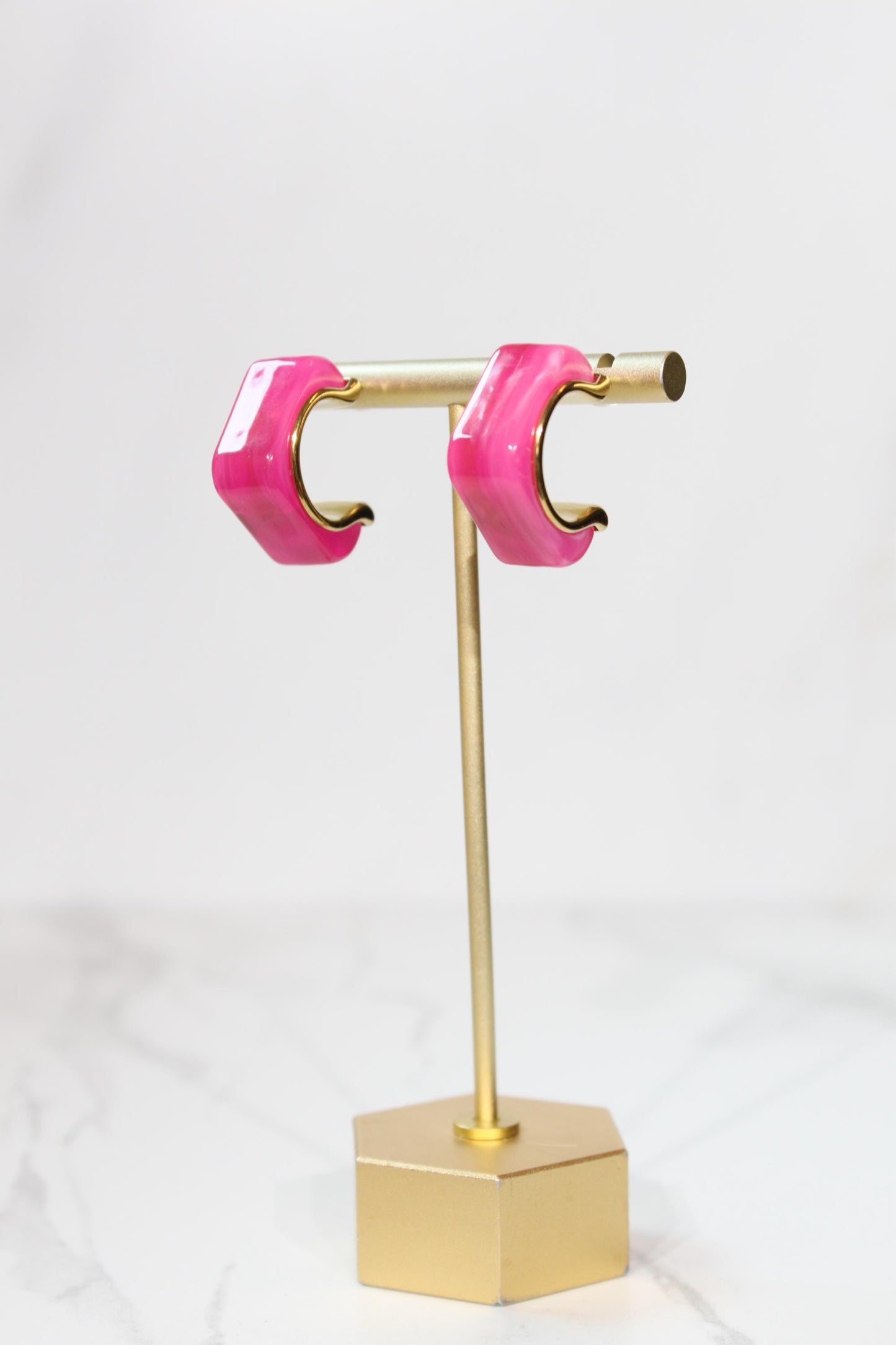 Vibrant Hot Pink Geometric Hoop Earrings | Chunky Magenta Resin Hoops