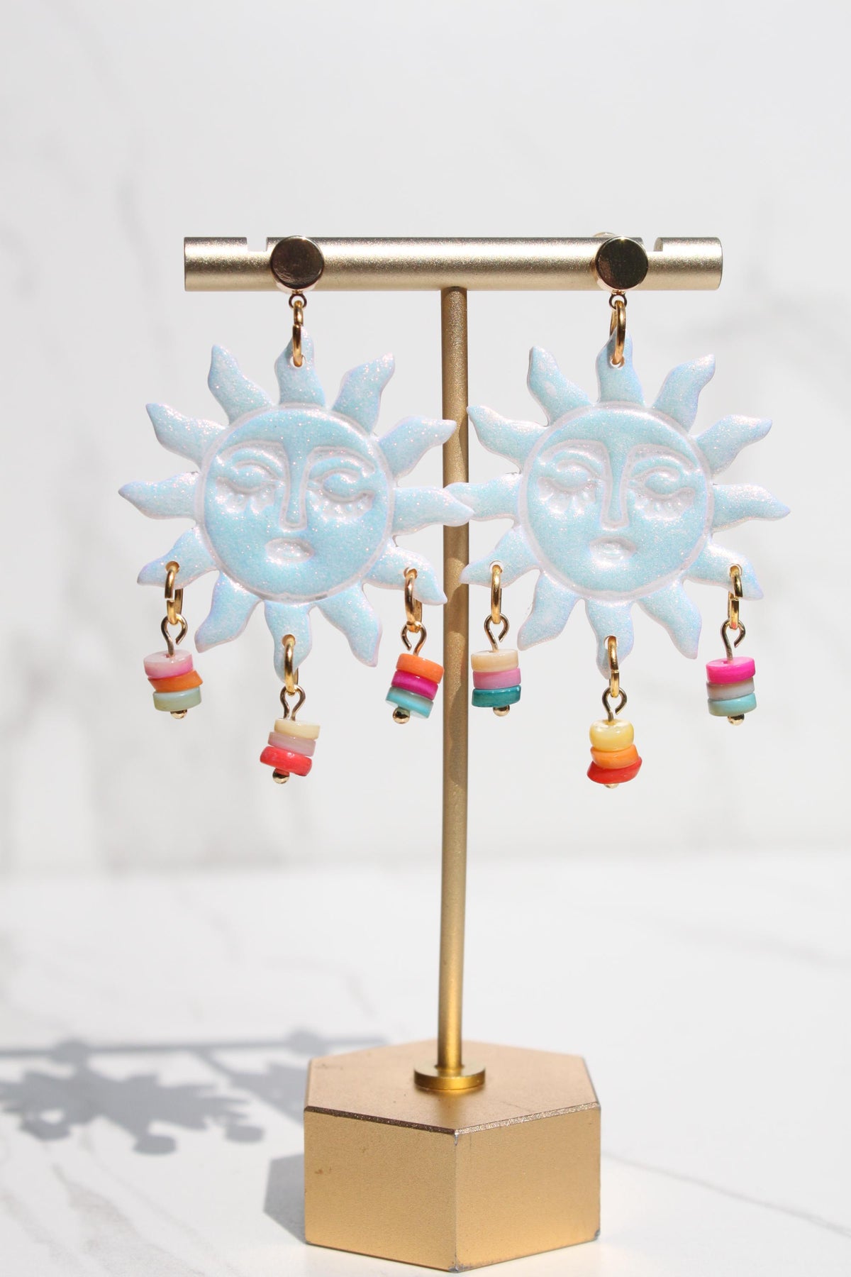 Iridescent Sun Earrings, Celestial Statement Earrings, Pastel Dangle Earrings, Colorful Sun Jewelry, Whimsical Festival Earrings