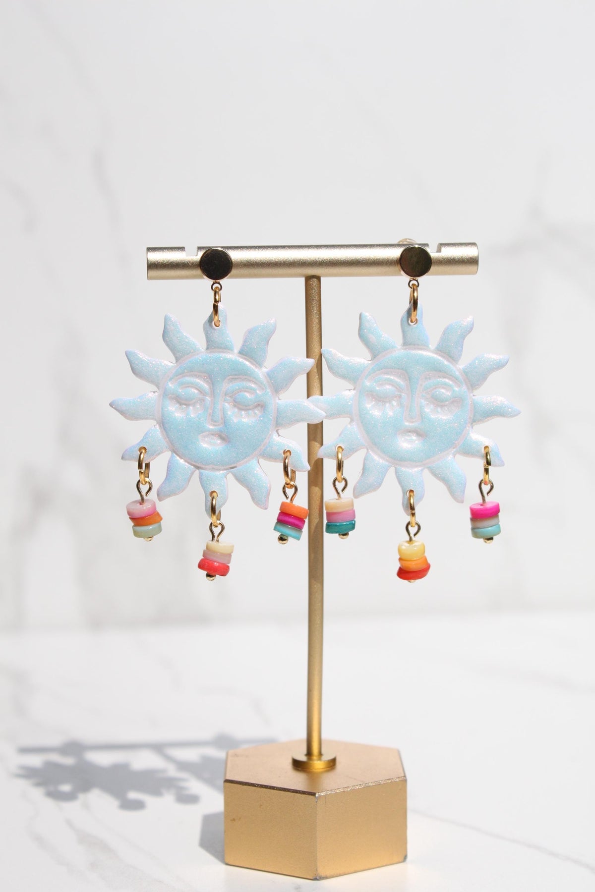 Iridescent Sun Earrings, Celestial Statement Earrings, Pastel Dangle Earrings, Colorful Sun Jewelry, Whimsical Festival Earrings