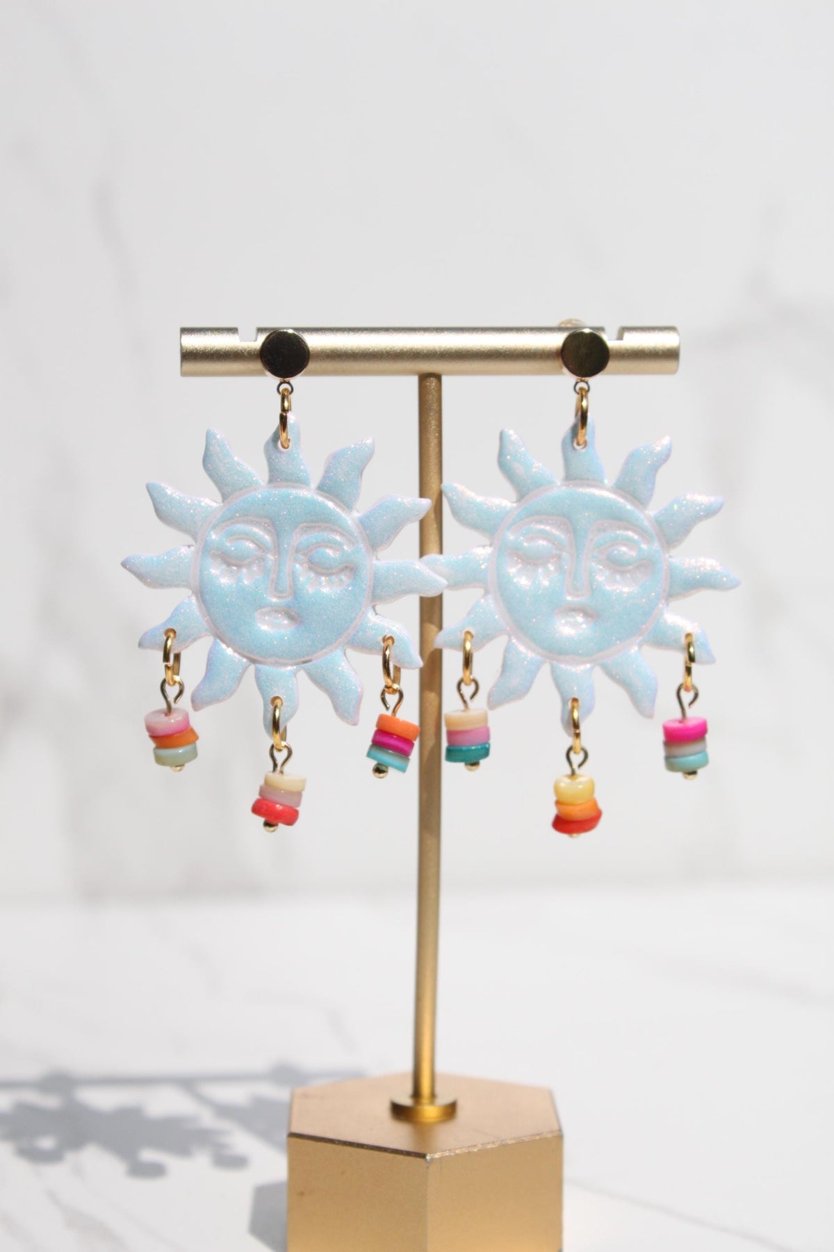 Iridescent Sun Earrings, Celestial Statement Earrings, Pastel Dangle Earrings, Colorful Sun Jewelry, Whimsical Festival Earrings