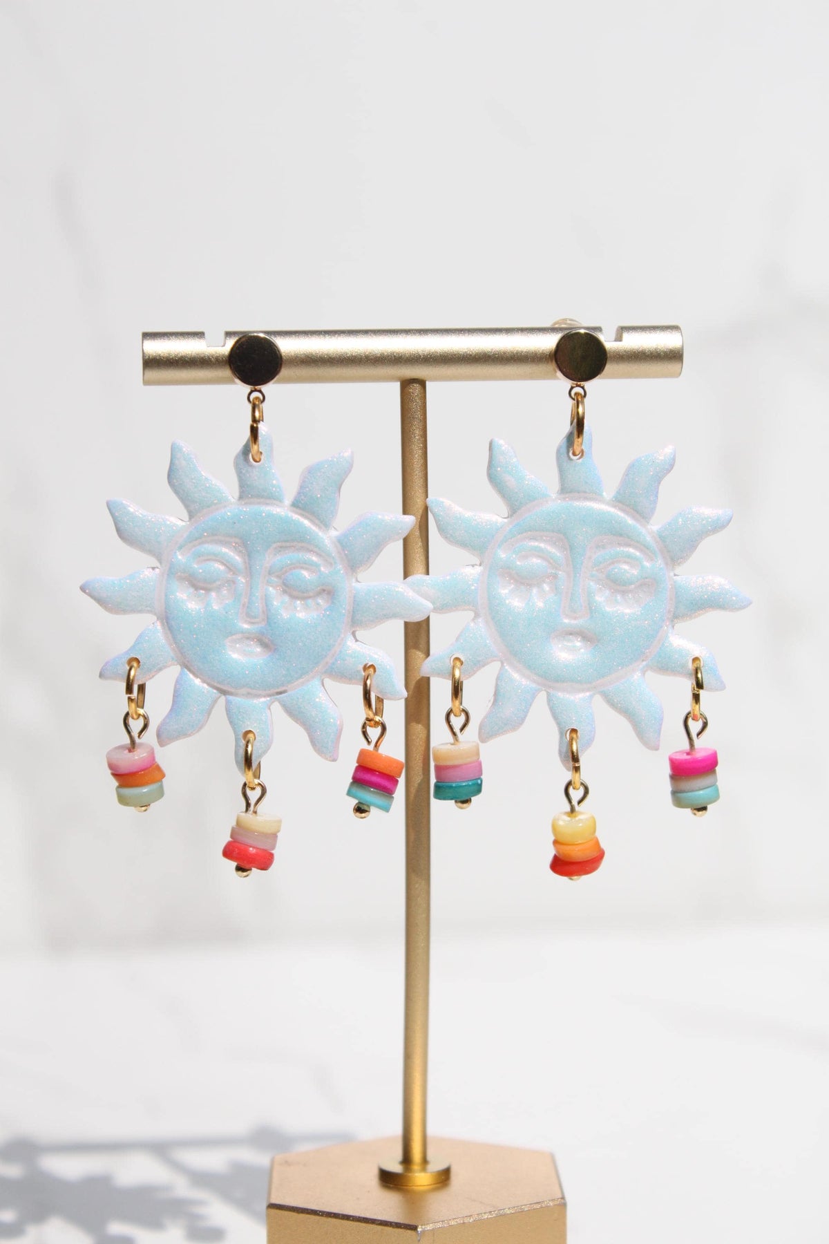 Iridescent Sun Earrings, Celestial Statement Earrings, Pastel Dangle Earrings, Colorful Sun Jewelry, Whimsical Festival Earrings