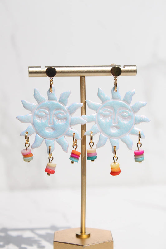 Iridescent Sun Earrings, Celestial Statement Earrings, Pastel Dangle Earrings, Colorful Sun Jewelry, Whimsical Festival Earrings