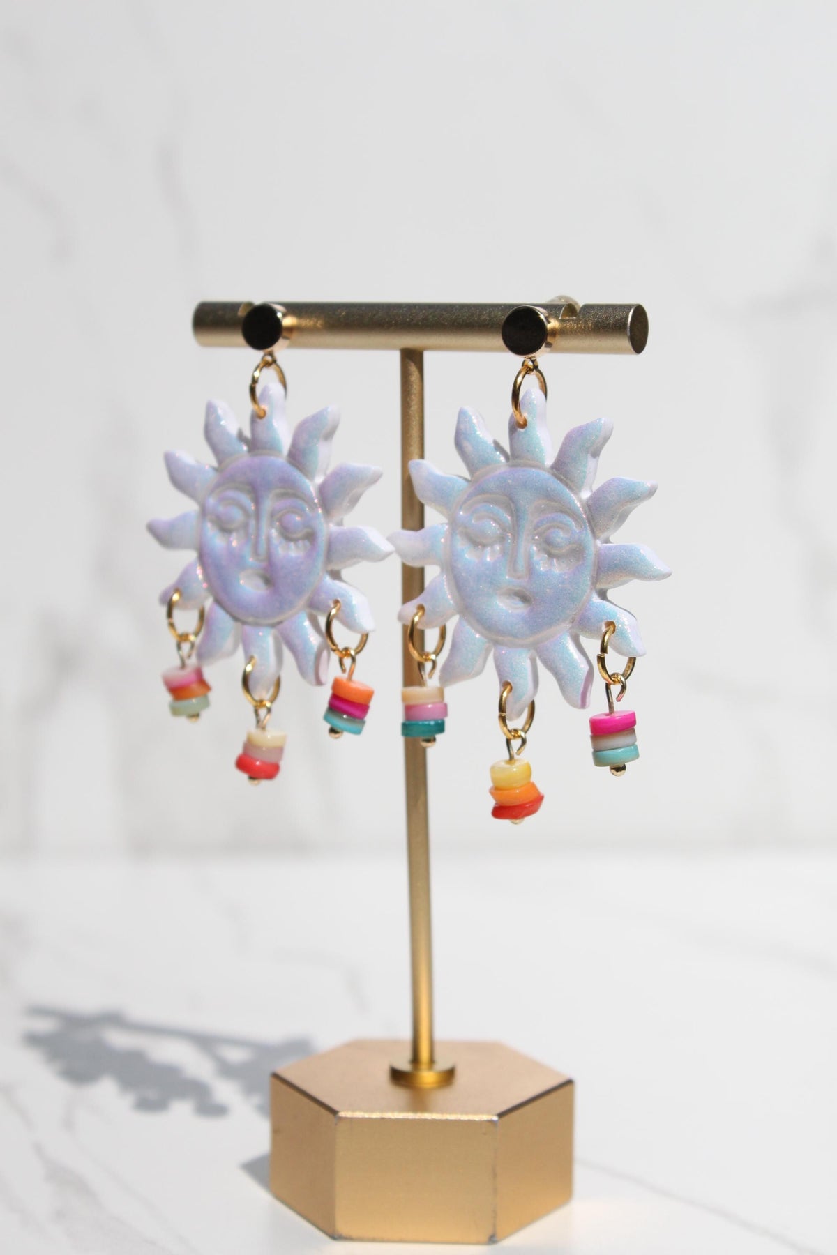Iridescent Sun Earrings, Celestial Statement Earrings, Pastel Dangle Earrings, Colorful Sun Jewelry, Whimsical Festival Earrings