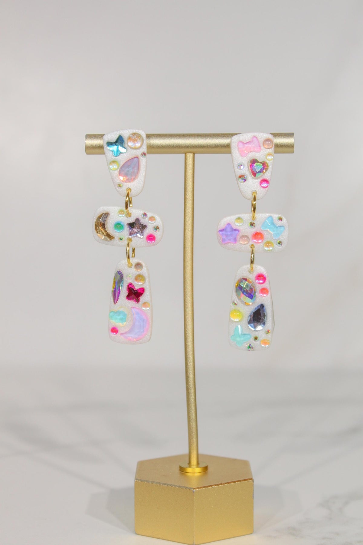 Iridescent Rhinestone Charm Earrings, Colorful Whimsical Dangle Earrings