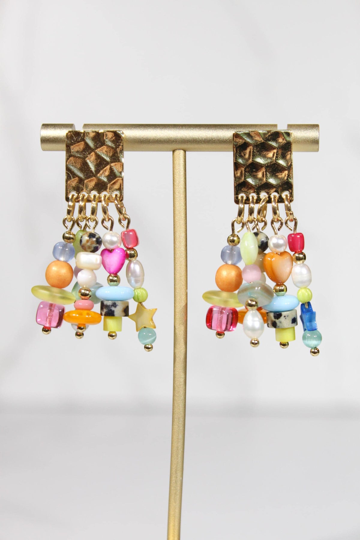 Colorful Beaded Statement Earrings, Pearl & Gemstone Inspired Dangle Earrings, Eclectic Mixed Bead Jewelry, Gold Earrings