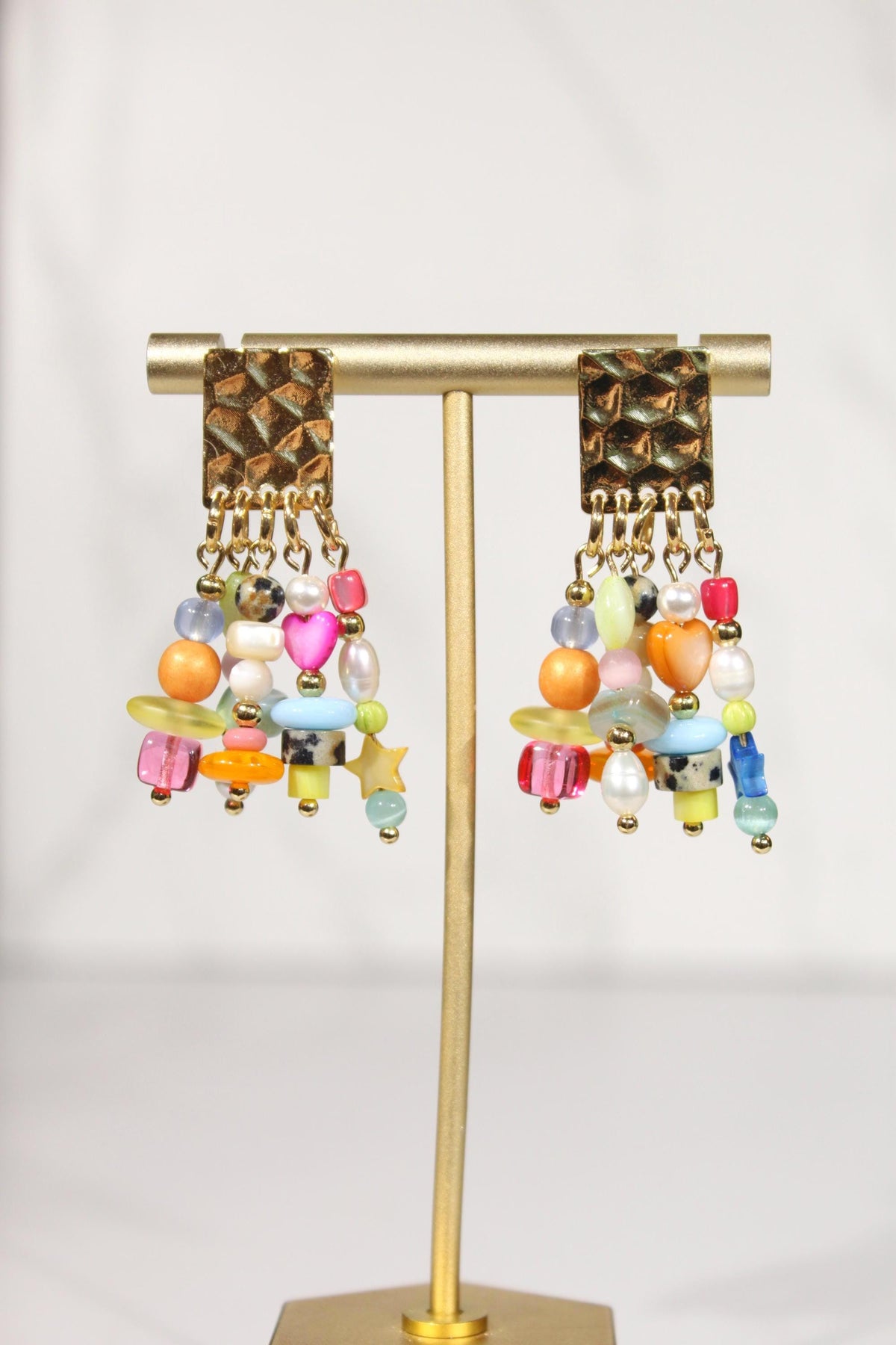 Colorful Beaded Statement Earrings, Pearl & Gemstone Inspired Dangle Earrings, Eclectic Mixed Bead Jewelry, Gold Earrings