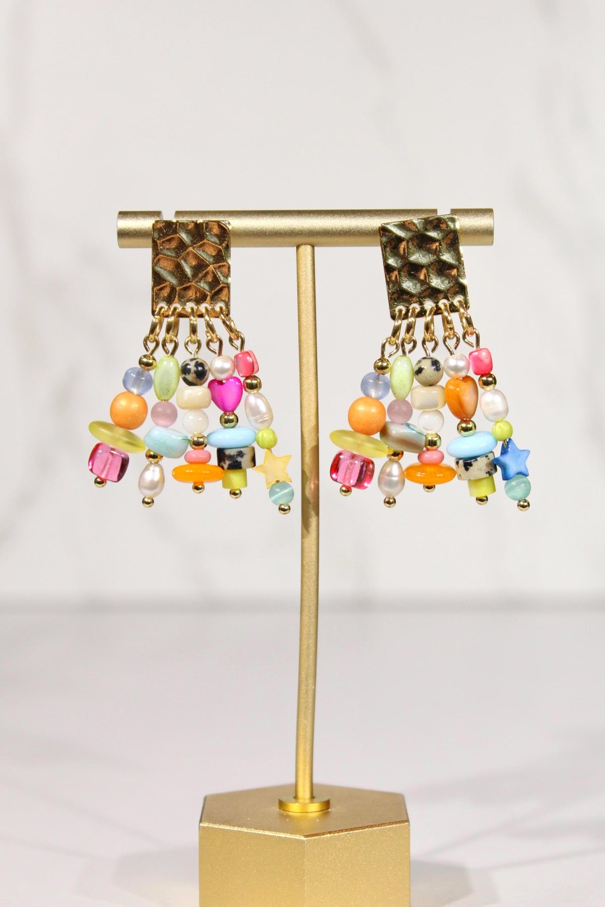 Colorful Beaded Statement Earrings, Pearl & Gemstone Inspired Dangle Earrings, Eclectic Mixed Bead Jewelry, Gold Earrings