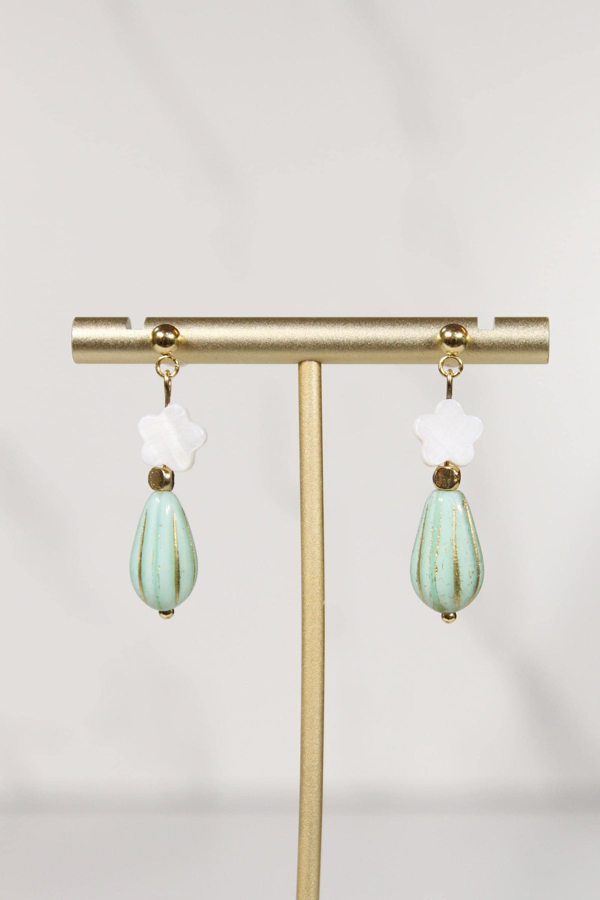 Mint Green Beaded Earrings, White Flower Dangle Earrings, Gold Drop Earrings, Dainty Colorful Earrings, Vintage Inspired Jewelry