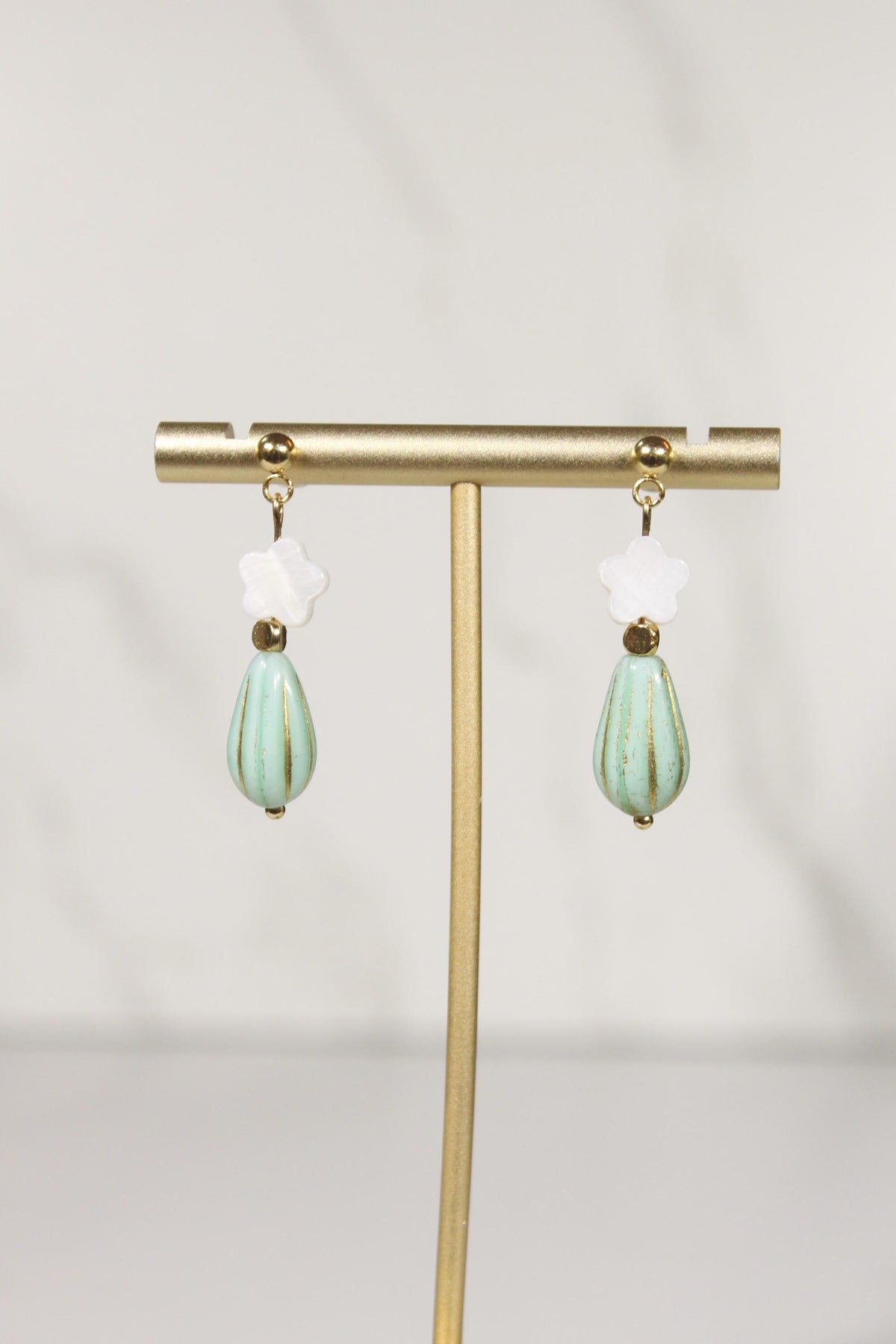 Mint Green Beaded Earrings, White Flower Dangle Earrings, Gold Drop Earrings, Dainty Colorful Earrings, Vintage Inspired Jewelry
