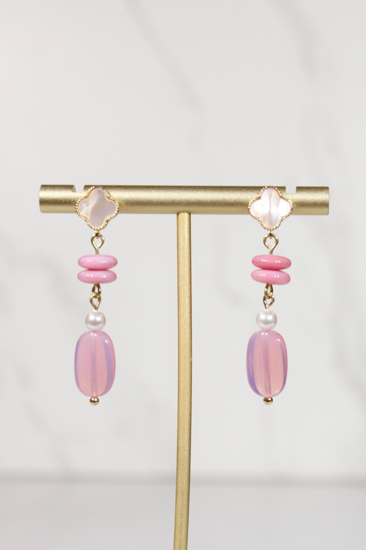 Pink Beaded Earrings, Pearl Dangle Earrings, Pink Statement Earrings, Gold Drop Earrings, Mother of Pearl Inspired Jewelry