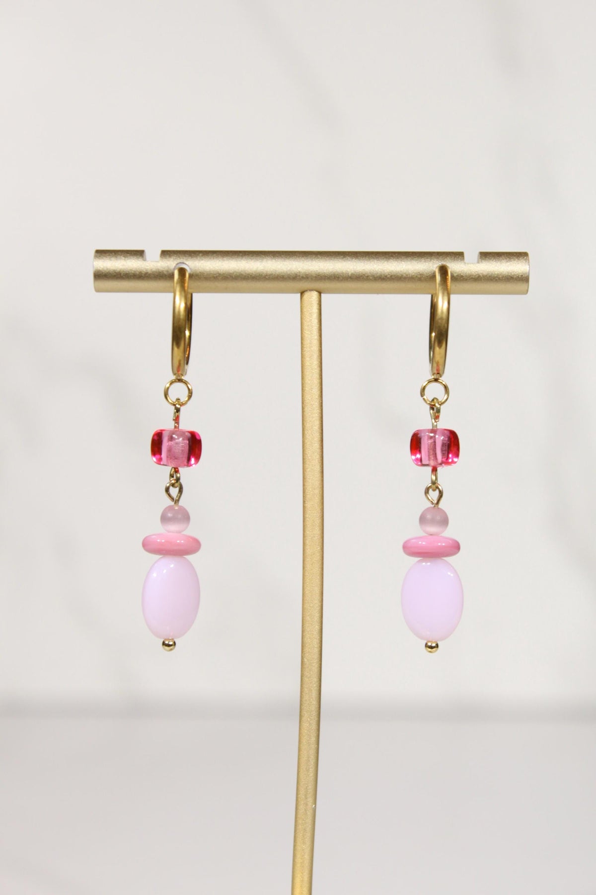 Pink Beaded Hoop Earrings, Pink Dangle Earrings, Gold Hoop Earrings, Colorful Beaded Earrings, Pink Statement Jewelry