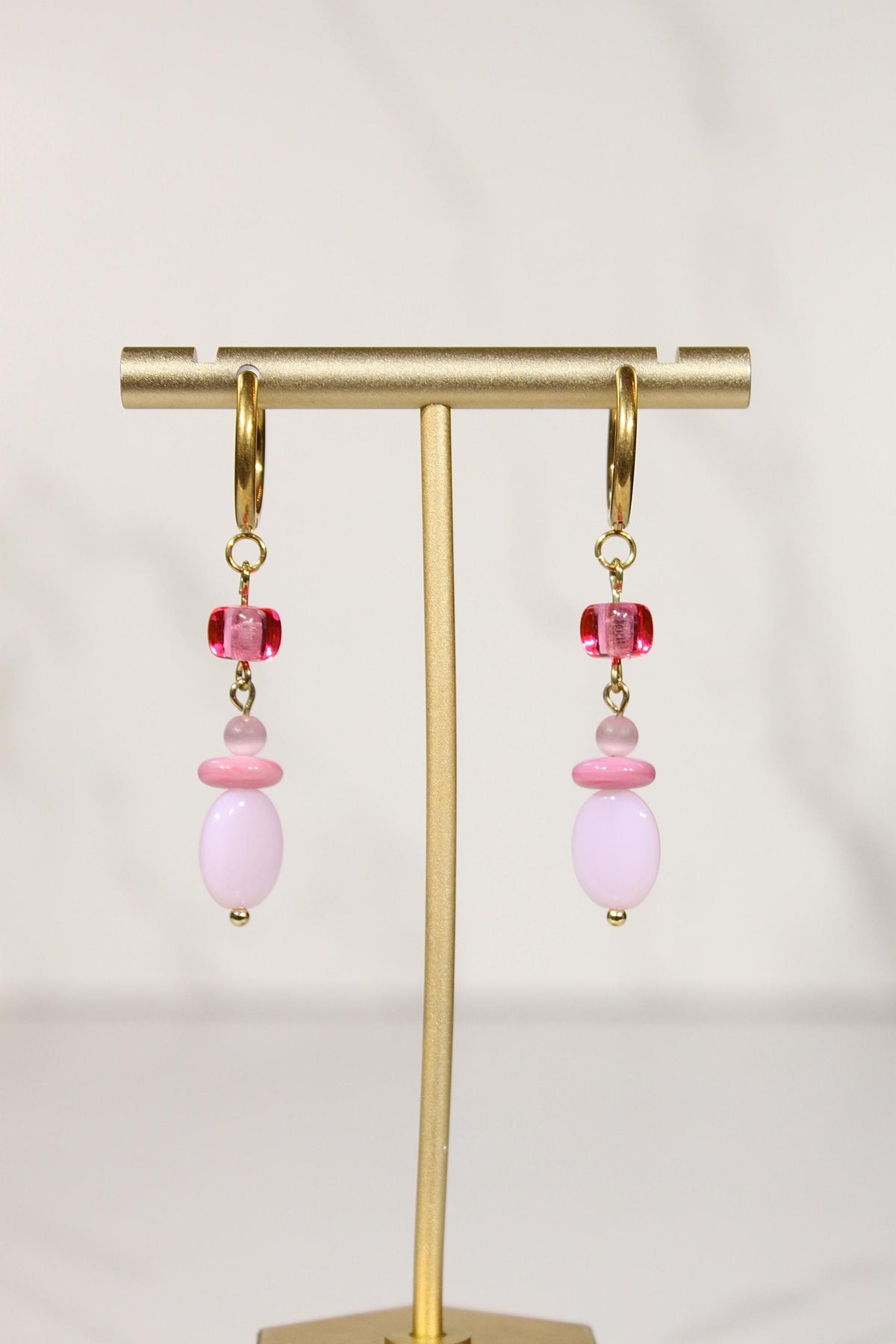 Pink Beaded Hoop Earrings, Pink Dangle Earrings, Gold Hoop Earrings, Colorful Beaded Earrings, Pink Statement Jewelry
