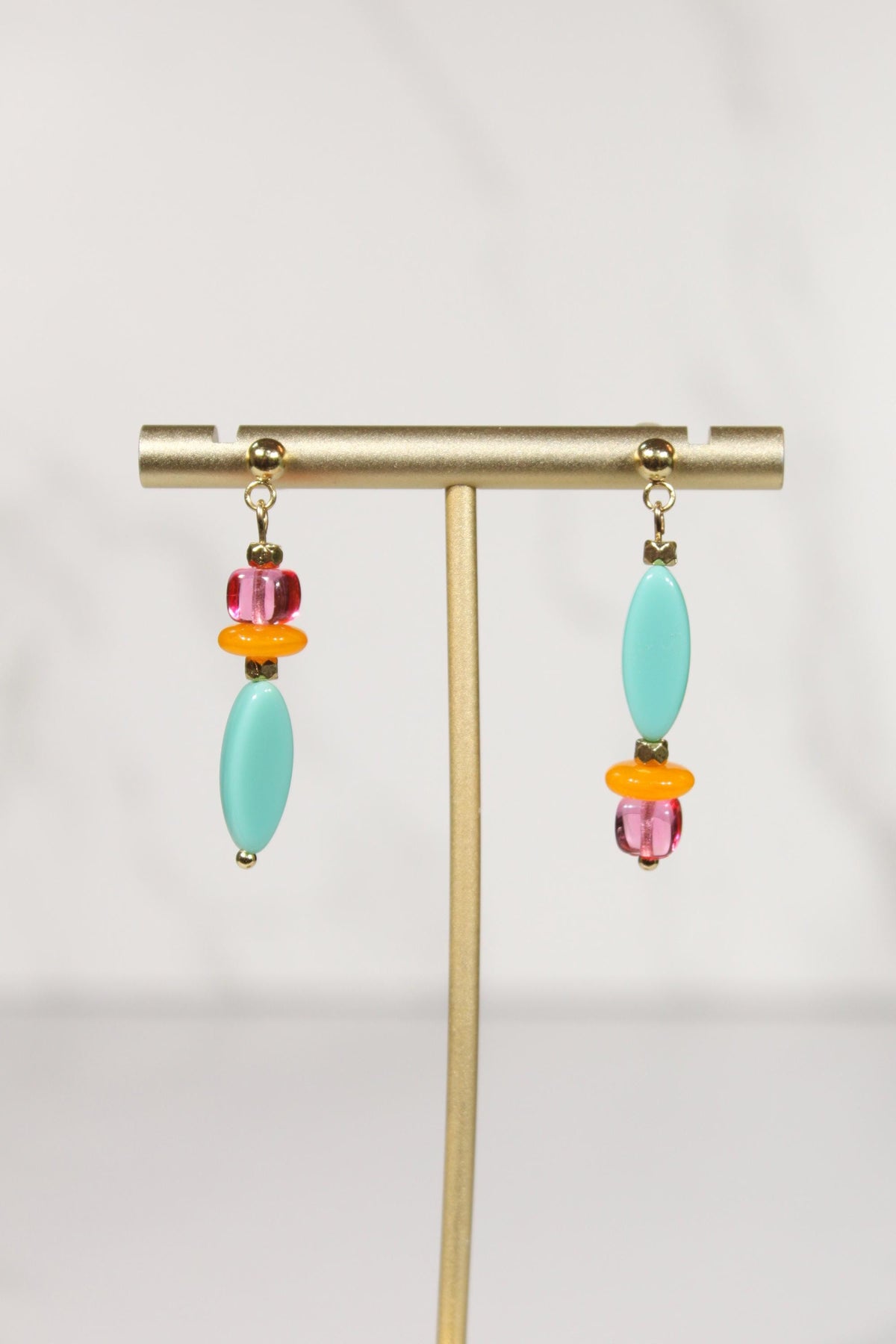 Mismatched Beaded Earrings, Colorful Dangle Earrings, Aqua Pink Orange Earrings, Gold Drop Earrings, Eclectic Statement Jewelry
