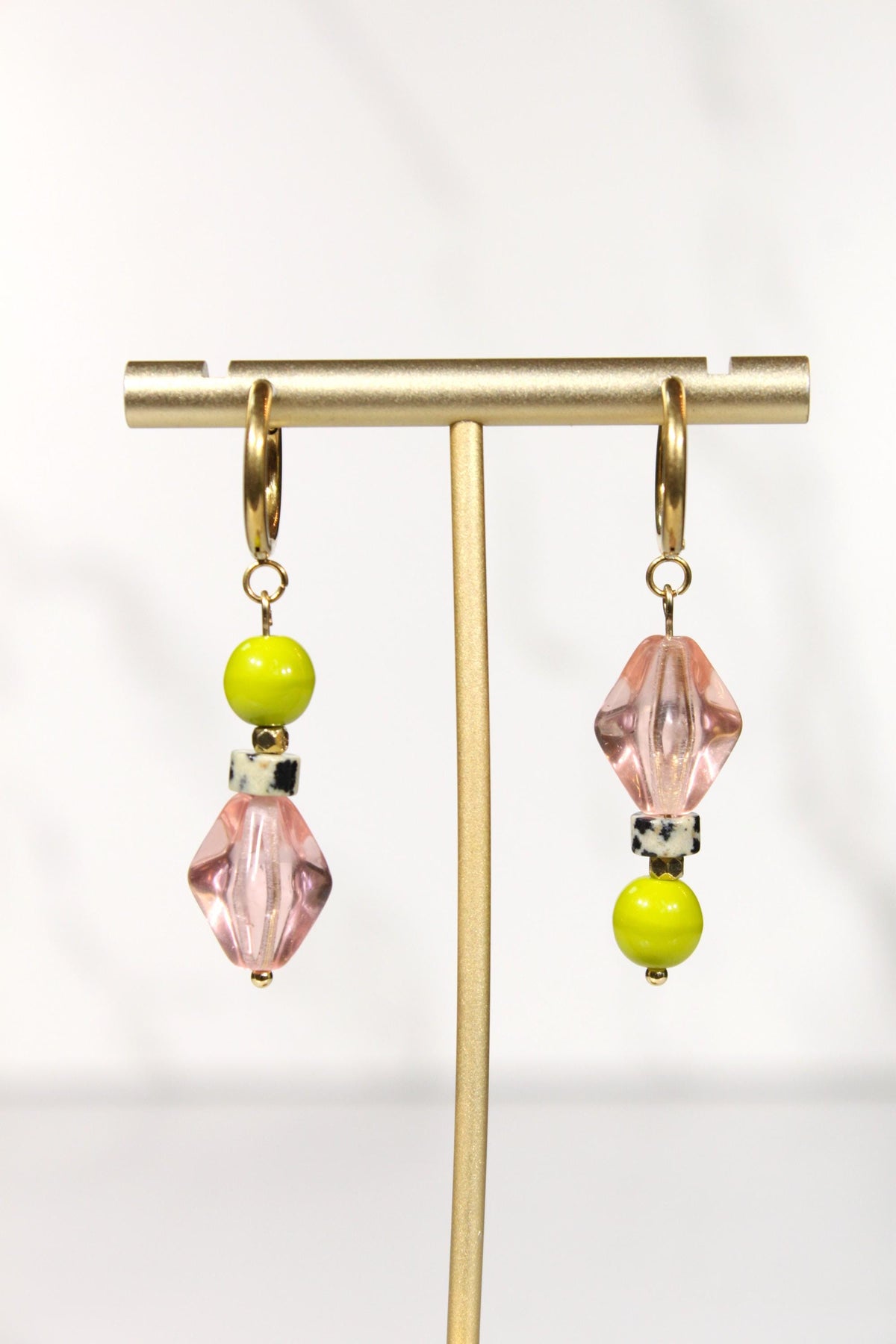 Mismatched Beaded Earrings, Pink and Green Earrings, Colorful Dangle Earrings, Gold Hoop Earrings, Eclectic Statement Jewelry