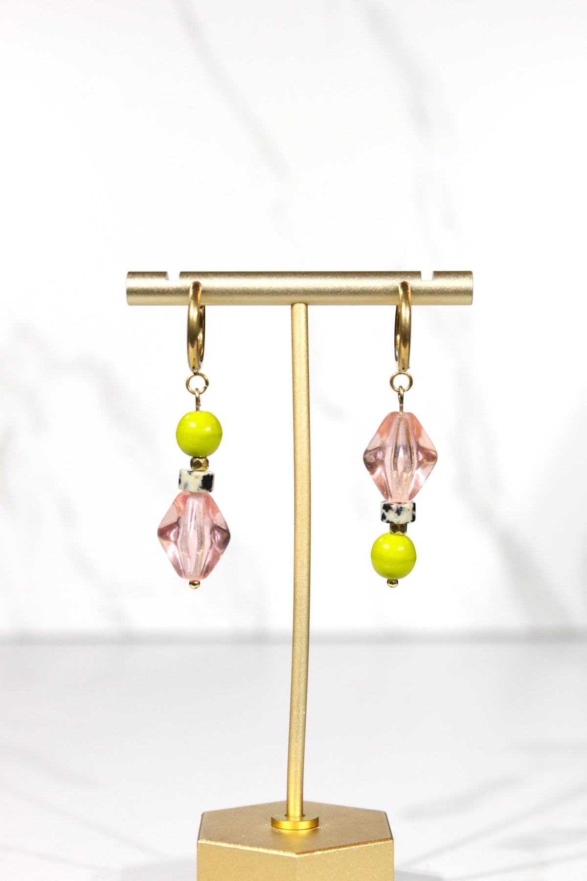 Mismatched Beaded Earrings, Pink and Green Earrings, Colorful Dangle Earrings, Gold Hoop Earrings, Eclectic Statement Jewelry