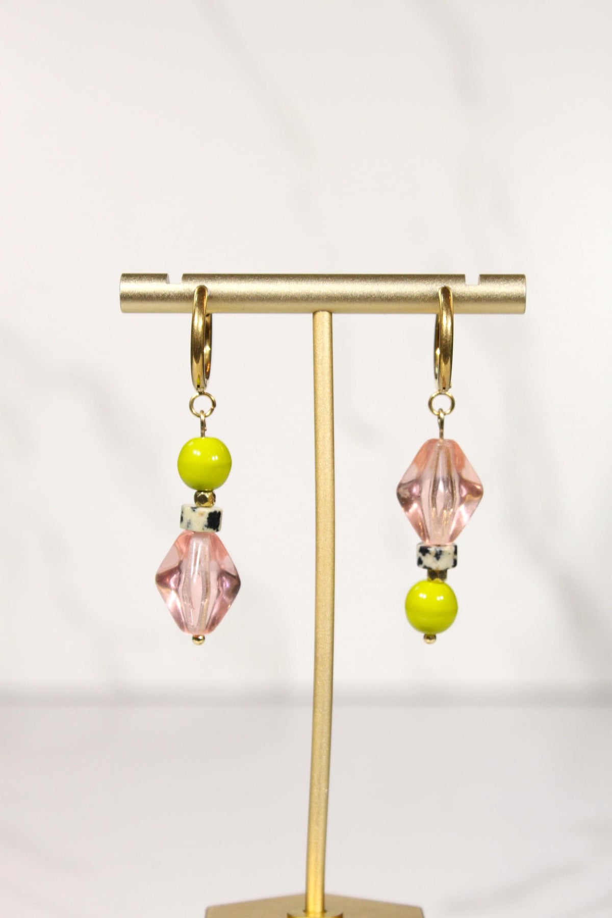 Mismatched Beaded Earrings, Pink and Green Earrings, Colorful Dangle Earrings, Gold Hoop Earrings, Eclectic Statement Jewelry