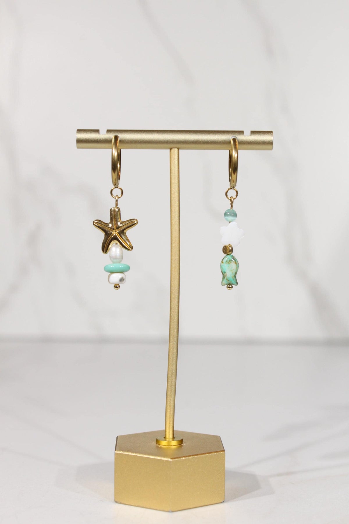 Mismatched Coastal Earrings, Starfish and Fish Earrings, Beaded Dangle Earrings, Gold Hoop Earrings, Beach Inspired Jewelry