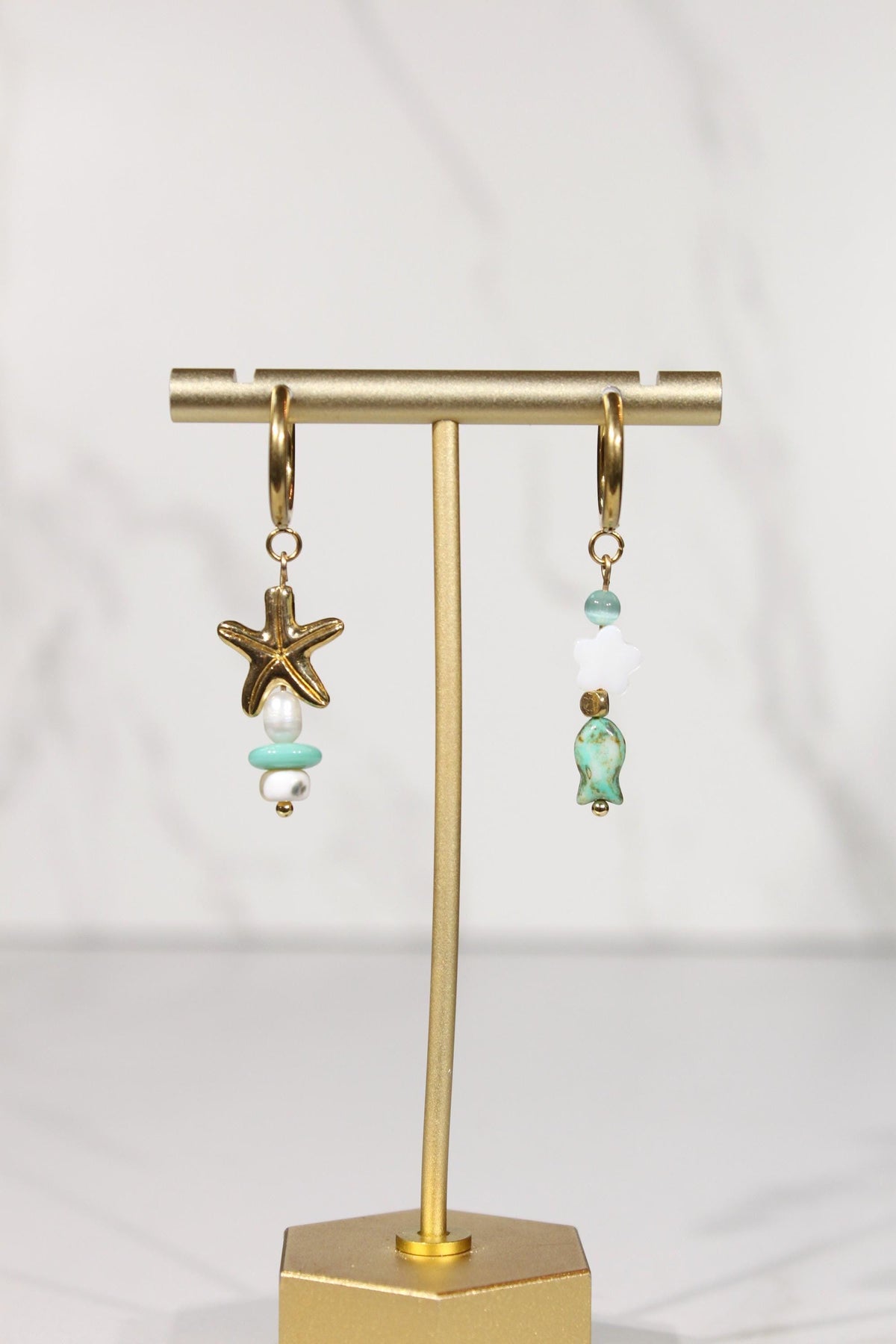 Mismatched Coastal Earrings, Starfish and Fish Earrings, Beaded Dangle Earrings, Gold Hoop Earrings, Beach Inspired Jewelry