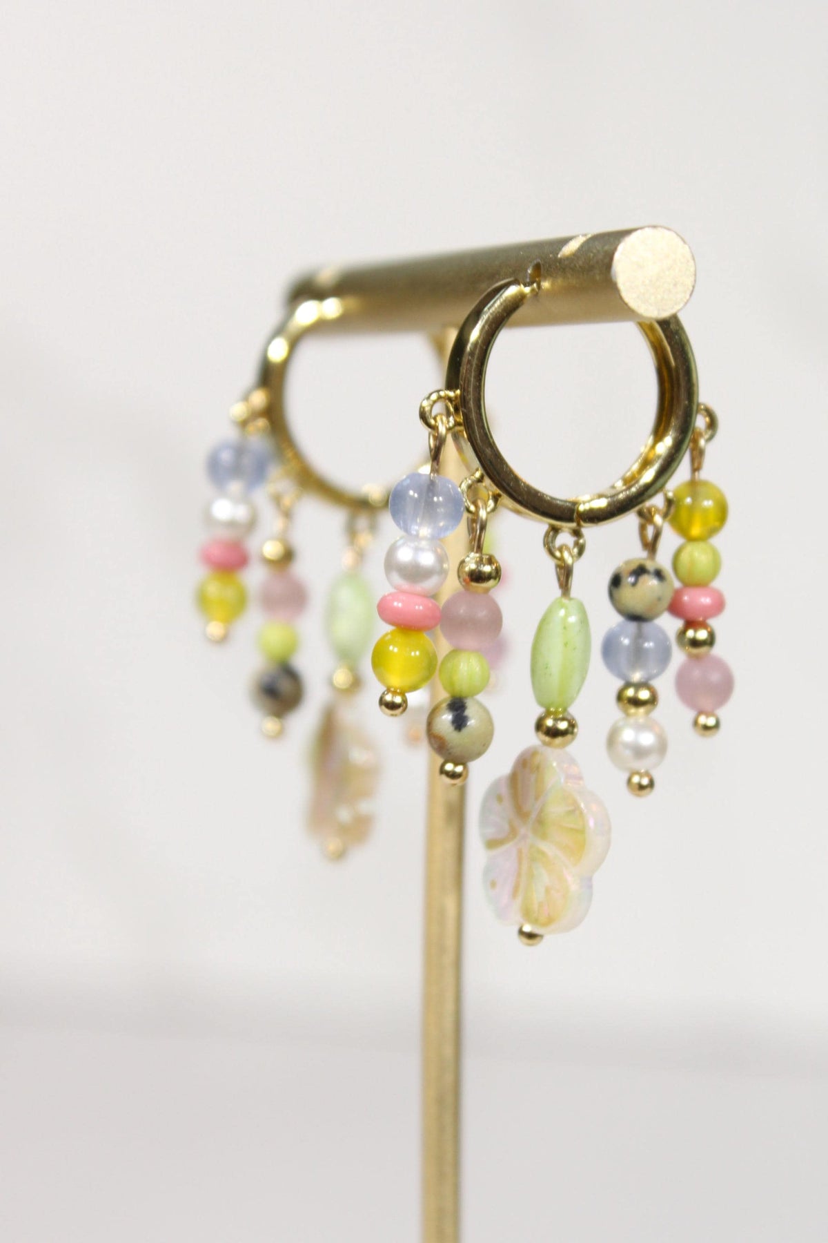 Colorful Beaded Statement Earrings, Floral Charm Hoop Earrings, Multi Strand Dangle Earrings, Eclectic Gold Earrings, Maximalist Jewelry
