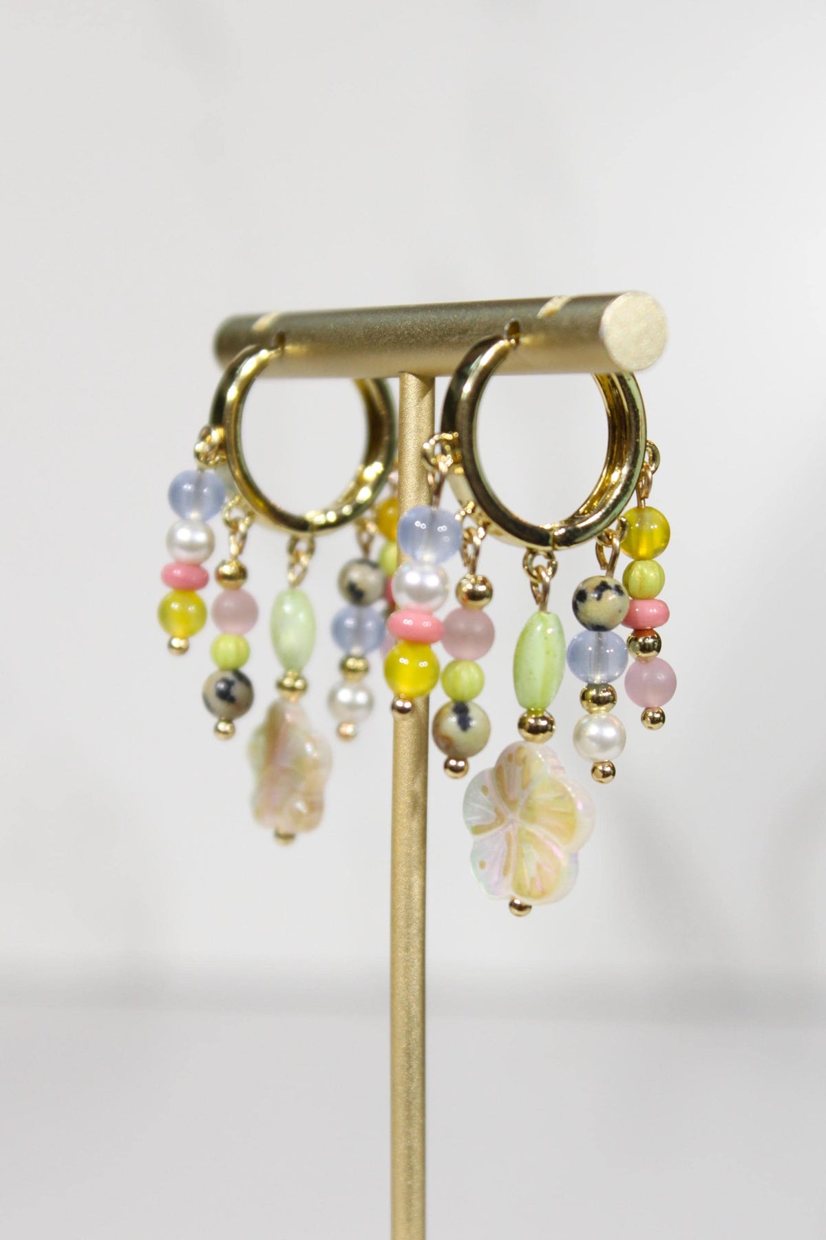Colorful Beaded Statement Earrings, Floral Charm Hoop Earrings, Multi Strand Dangle Earrings, Eclectic Gold Earrings, Maximalist Jewelry