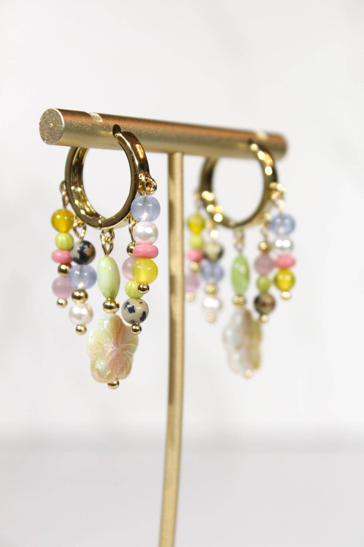 Colorful Beaded Statement Earrings, Floral Charm Hoop Earrings, Multi Strand Dangle Earrings, Eclectic Gold Earrings, Maximalist Jewelry