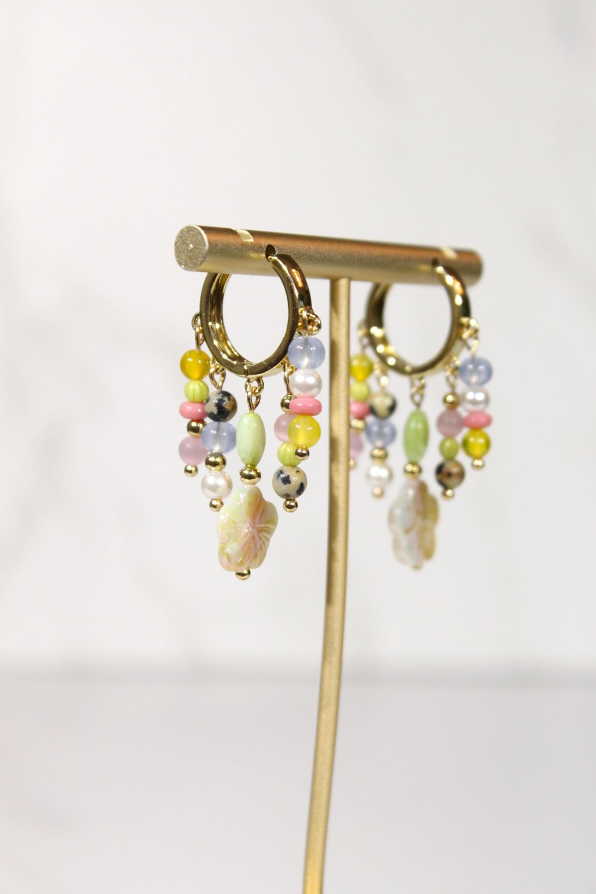 Colorful Beaded Statement Earrings, Floral Charm Hoop Earrings, Multi Strand Dangle Earrings, Eclectic Gold Earrings, Maximalist Jewelry