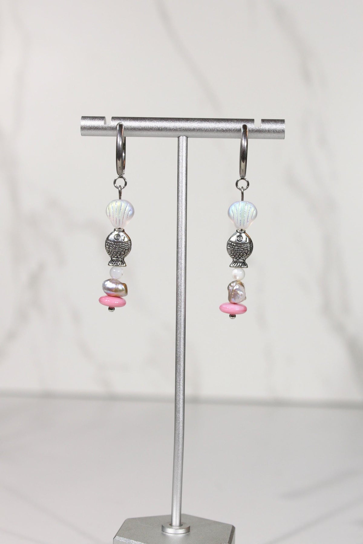 Silver Fish Earrings, Pink Coastal Earrings, Seashell Dangle Earrings, Beaded Silver Hoop Earrings, Ocean Inspired Jewelry