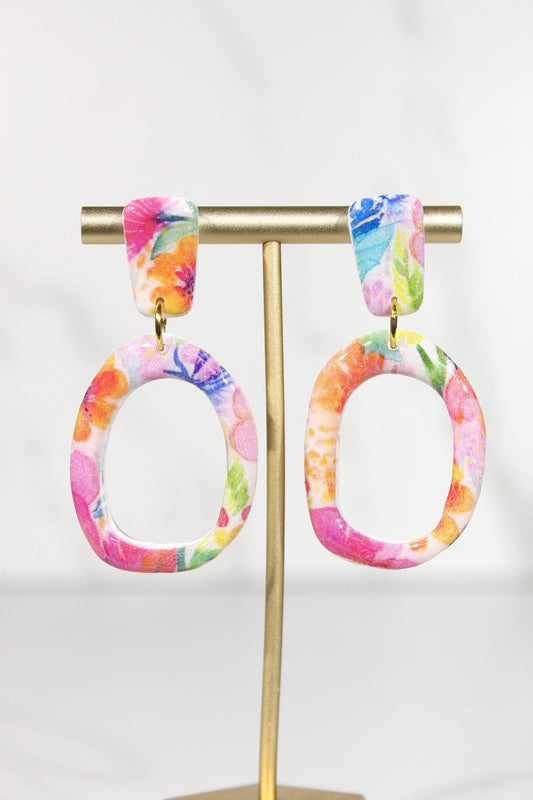 Colorful Floral Statement Earrings, Polymer Clay Earrings, Bright Flower Dangle Earrings, Pink Orange Blue Earrings, Handmade Jewelry