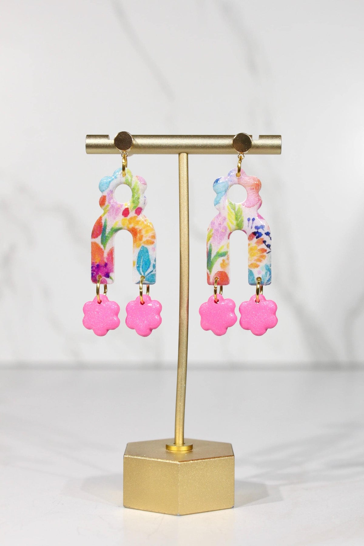 Colorful Floral Statement Earrings, Polymer Clay Earrings, Bright Flower Dangle Earrings, Pink Orange Blue Earrings, Handmade Jewelry