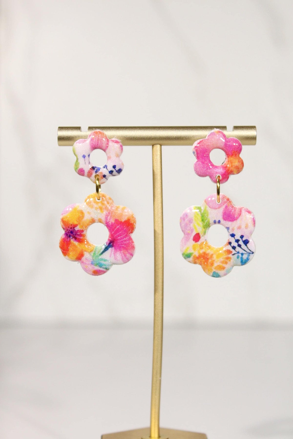 Colorful Floral Statement Earrings, Polymer Clay Earrings, Bright Flower Dangle Earrings, Pink Orange Blue Earrings, Handmade Jewelry