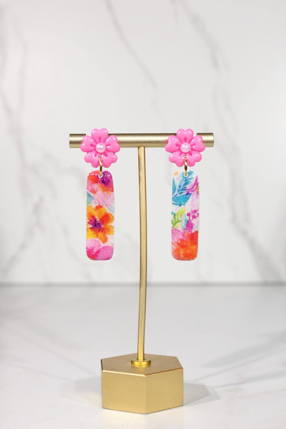 Colorful Floral Statement Earrings, Polymer Clay Earrings, Bright Flower Dangle Earrings, Pink Orange Blue Earrings, Handmade Jewelry