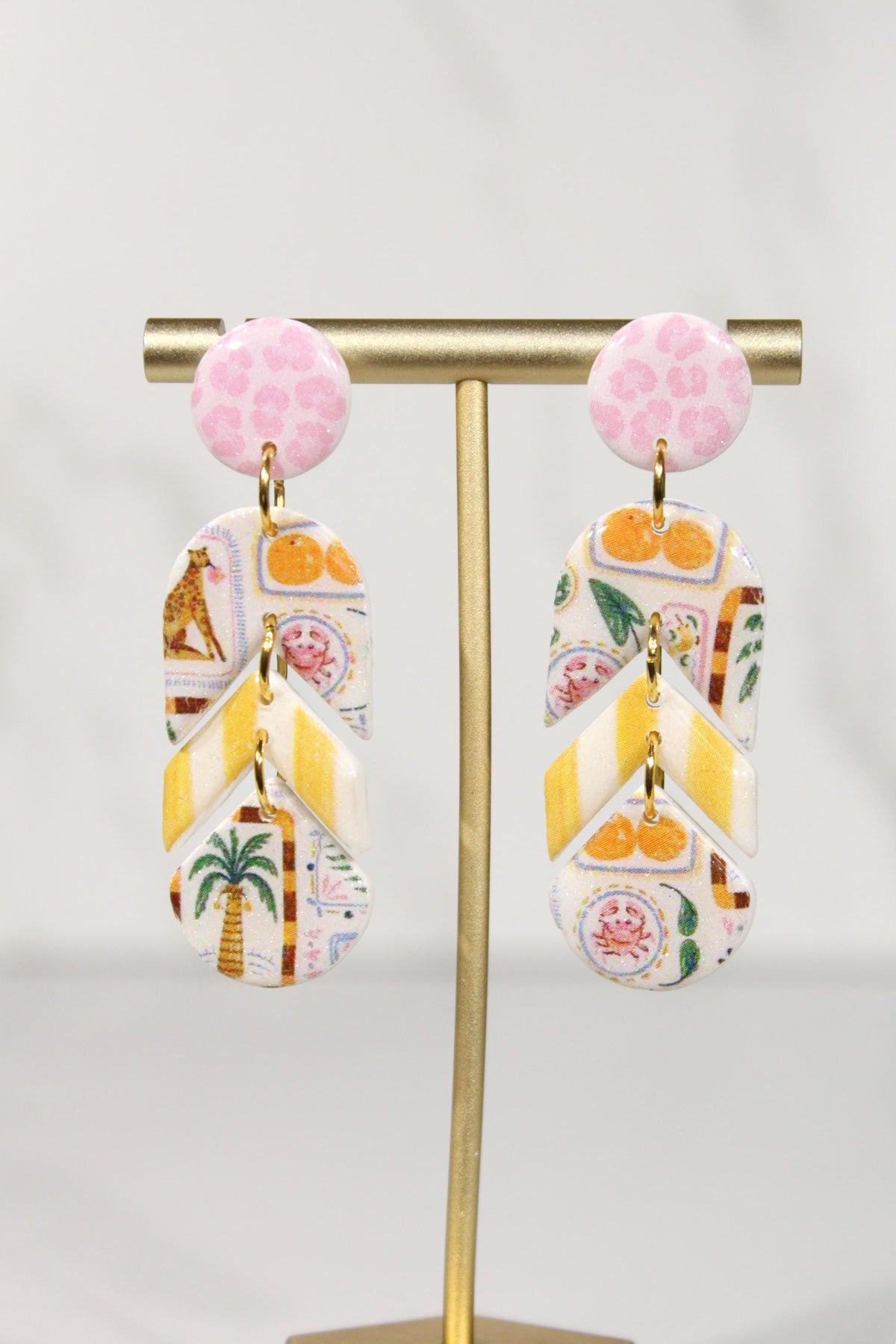 Colorful Polymer Clay Statement Earrings, Patterned Dangle Earrings, Pink Yellow Orange Earrings, Handmade Clay Jewelry