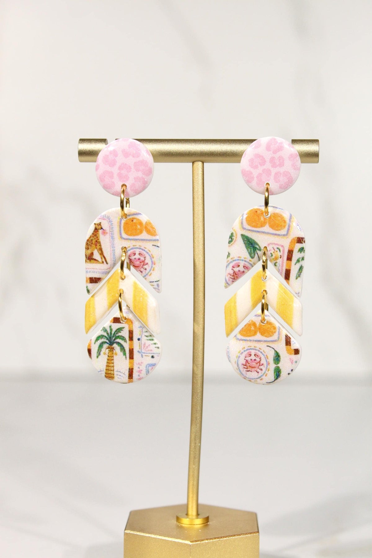 Colorful Polymer Clay Statement Earrings, Patterned Dangle Earrings, Pink Yellow Orange Earrings, Handmade Clay Jewelry