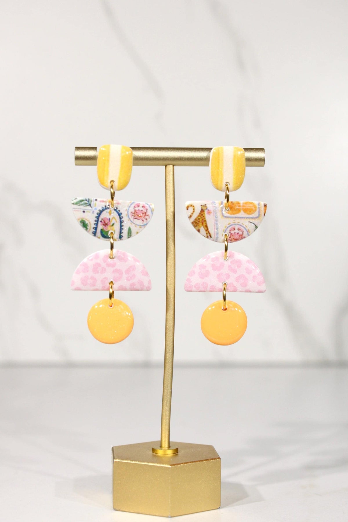 Colorful Polymer Clay Statement Earrings, Patterned Dangle Earrings, Pink Yellow Orange Earrings, Handmade Clay Jewelry