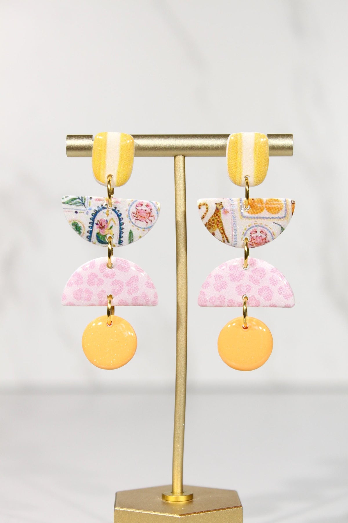 Colorful Polymer Clay Statement Earrings, Patterned Dangle Earrings, Pink Yellow Orange Earrings, Handmade Clay Jewelry