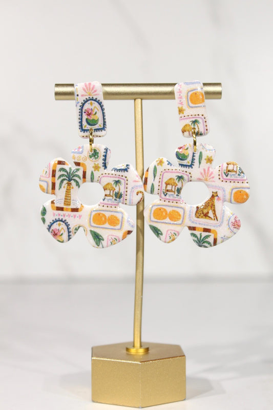 Colorful Polymer Clay Statement Earrings, Patterned Dangle Earrings, Pink Yellow Orange Earrings, Handmade Clay Jewelry