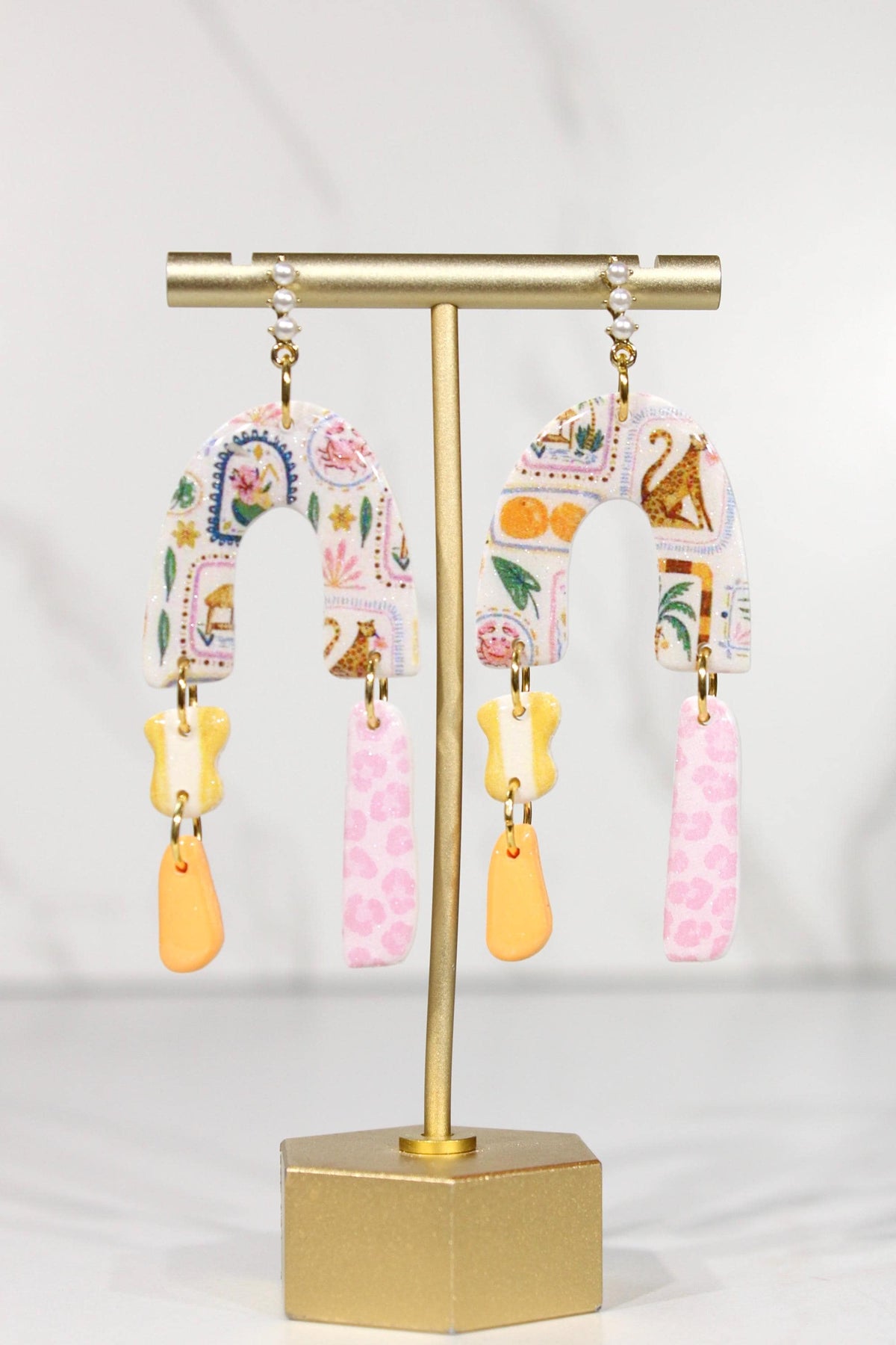 Colorful Polymer Clay Statement Earrings, Patterned Dangle Earrings, Pink Yellow Orange Earrings, Handmade Clay Jewelry
