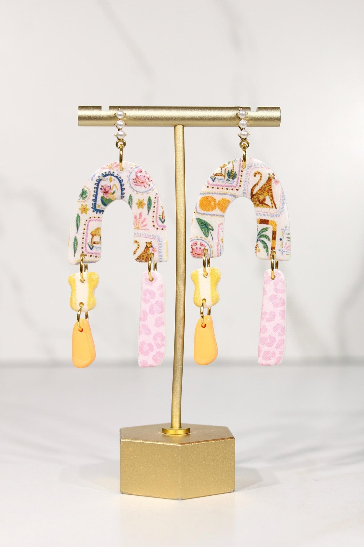 Colorful Polymer Clay Statement Earrings, Patterned Dangle Earrings, Pink Yellow Orange Earrings, Handmade Clay Jewelry