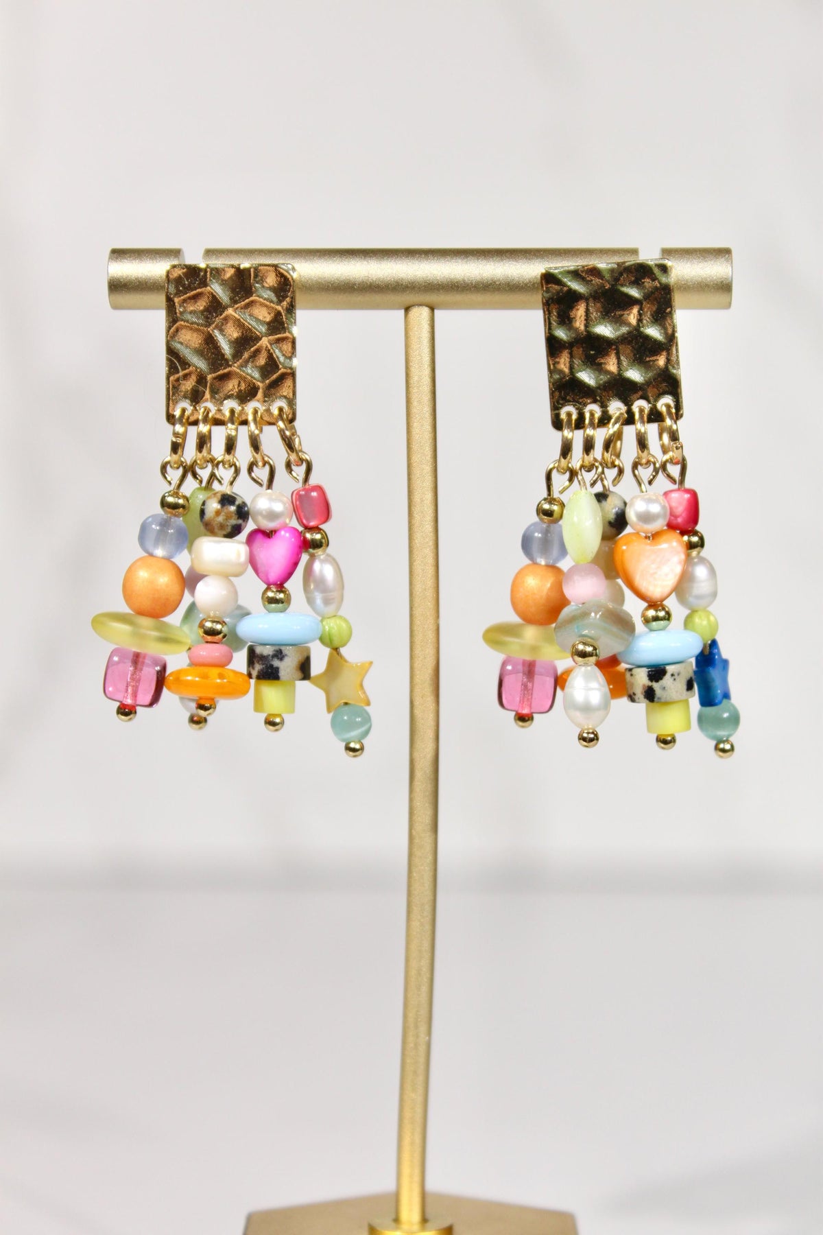 Colorful Beaded Statement Earrings, Pearl & Gemstone Inspired Dangle Earrings, Eclectic Mixed Bead Jewelry, Gold Earrings