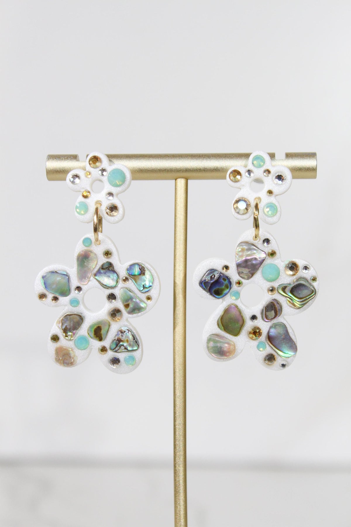 Abalone Shell Flower Earrings, Rhinestone Floral Dangles, Iridescent Statement Jewelry